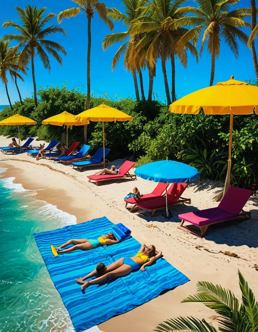A stylish beach scene featuring diverse individuals in trendy swimwear lounging on colorful beach towels under a radiant sun. Splashes of waves crashing in the background, surfboards propped up against palm trees, and vibrant beach umbrellas dotting the scene. The atmosphere is lively and inviting, epitomizing summer in California. The color palette includes bright yellows, blues, and tropical greens. super-realistic. vibrant colors. 3D.