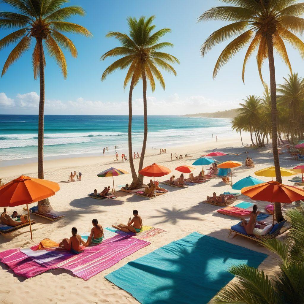 A sun-soaked beach scene featuring a diverse group of people engaged in various activities like surfing, beach volleyball, and lounging on colorful towels. Showcase vibrant swimwear styles that blend functionality and fashion, with waves crashing in the background and palm trees framing the scene. Include elements of relaxation such as beach umbrellas and tropical drinks. super-realistic. vibrant colors. 3D.