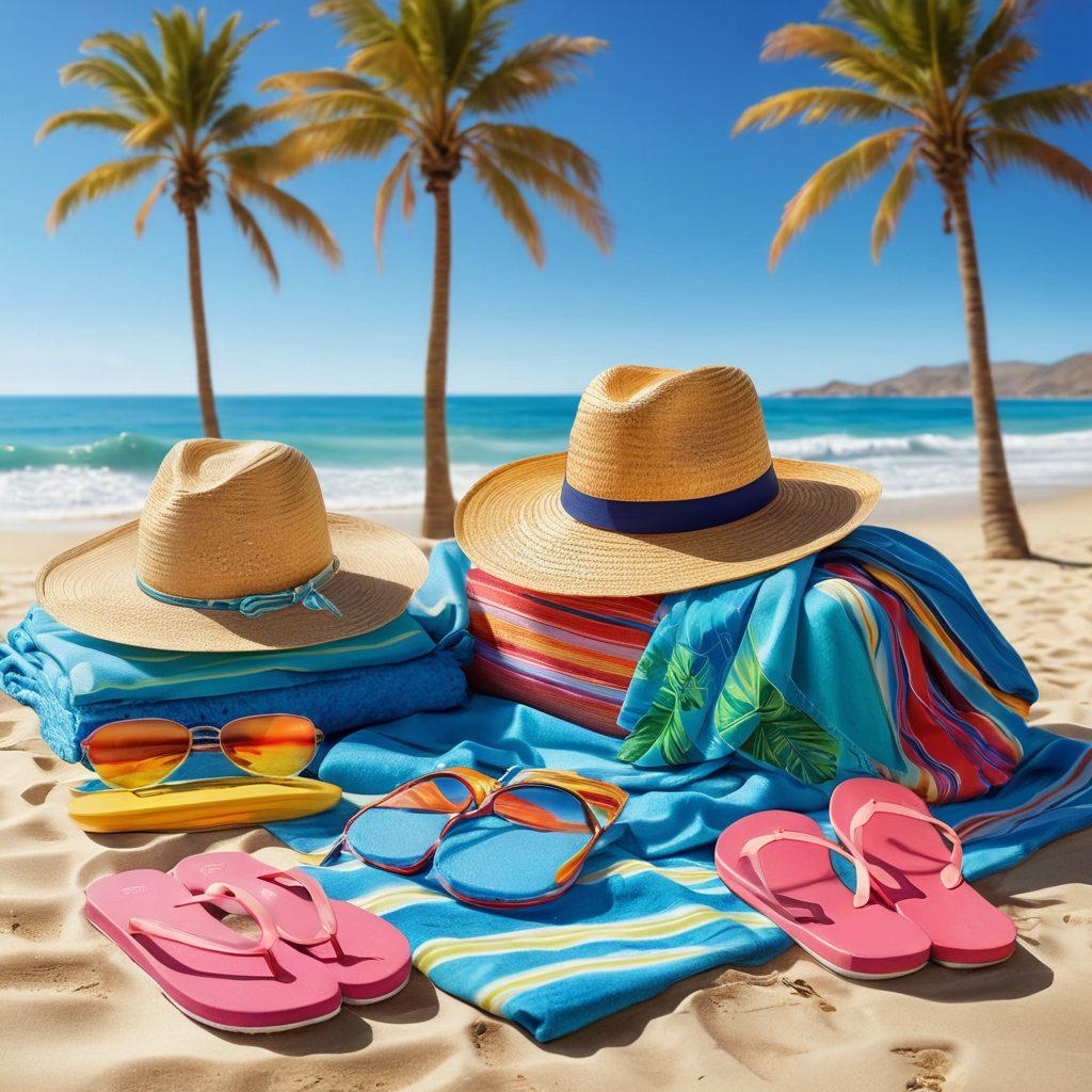 A sunny California beach scene showcasing vibrant beachwear: colorful swimsuits, flip-flops, and trendy sunglasses laid out on a sandy beach towel. Include accessories like a straw hat, beach bags, and sunscreen bottles scattered around. In the background, depict gentle waves and palm trees swaying under a clear blue sky. The overall atmosphere should be warm and inviting, evoking a sense of summer adventure. super-realistic. vibrant colors. white background.